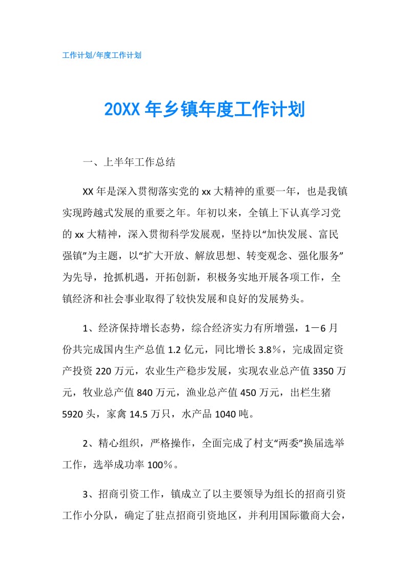 20XX年乡镇年度工作计划.doc_第1页