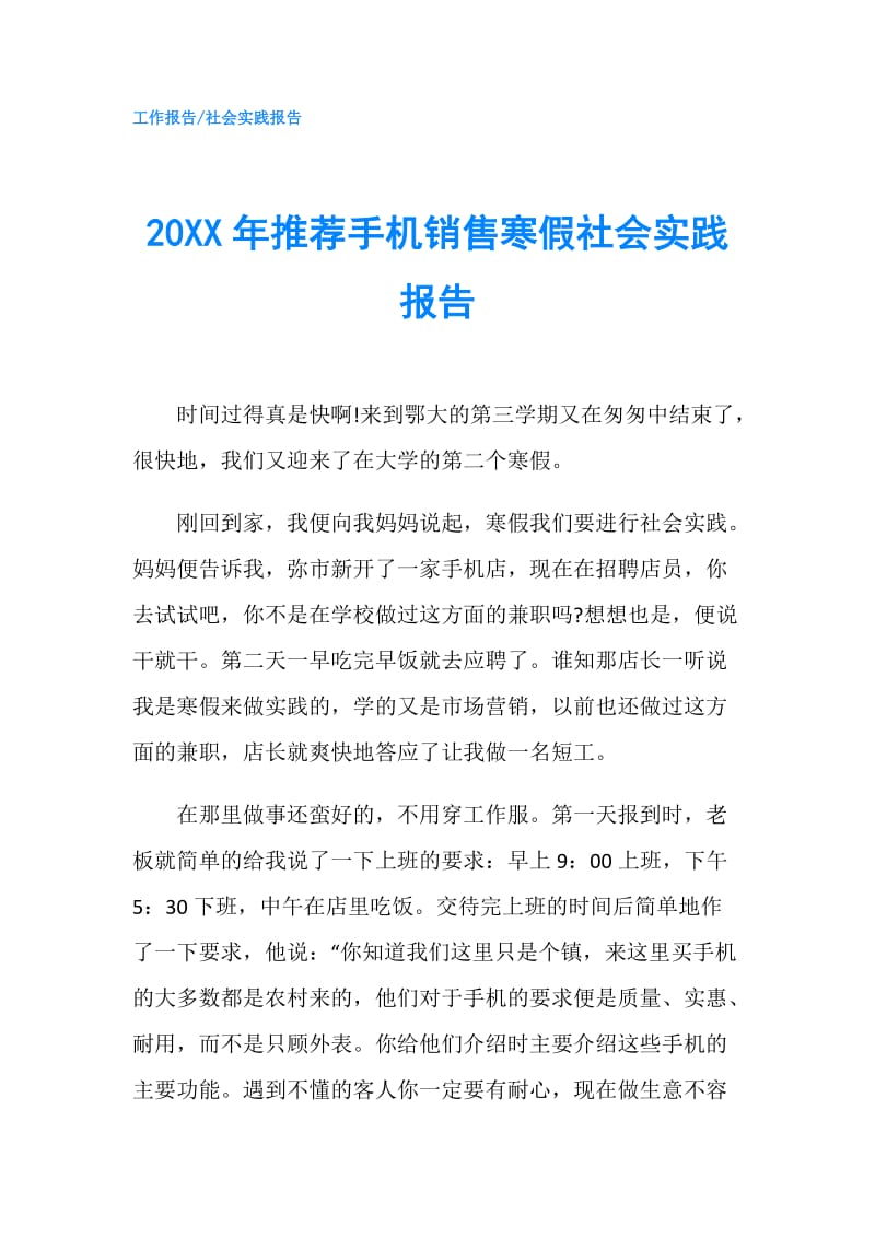 20XX年推荐手机销售寒假社会实践报告.doc_第1页