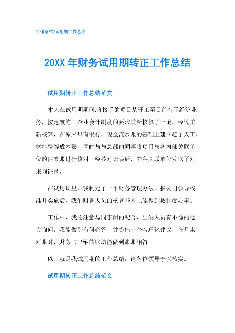 20XX年财务试用期转正工作总结.doc_第1页