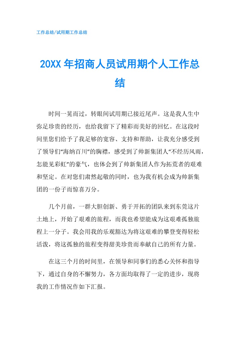 20XX年招商人员试用期个人工作总结.doc_第1页