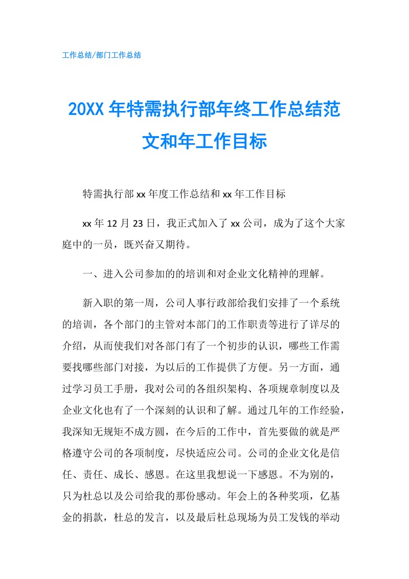 20XX年特需执行部年终工作总结范文和年工作目标.doc_第1页