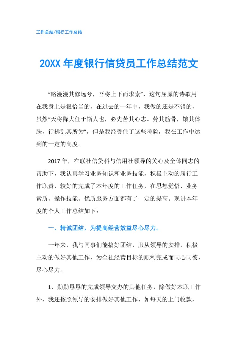 20XX年度银行信贷员工作总结范文.doc_第1页