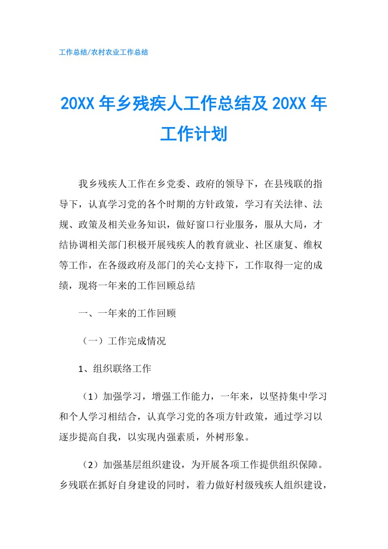 20XX年乡残疾人工作总结及20XX年工作计划.doc_第1页