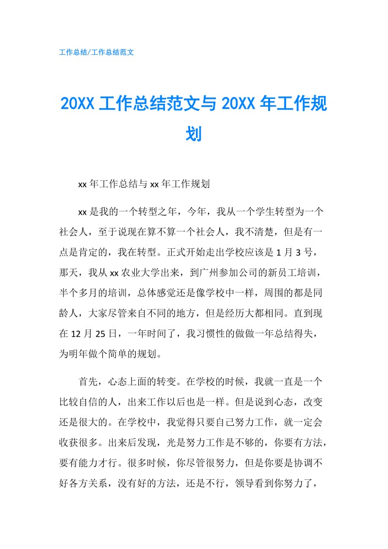 20XX工作总结范文与20XX年工作规划.doc_第1页