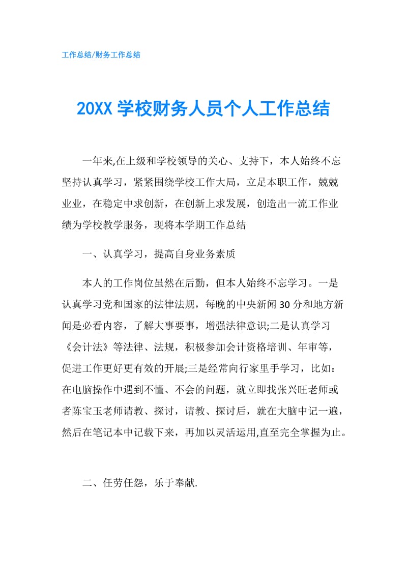 20XX学校财务人员个人工作总结.doc_第1页