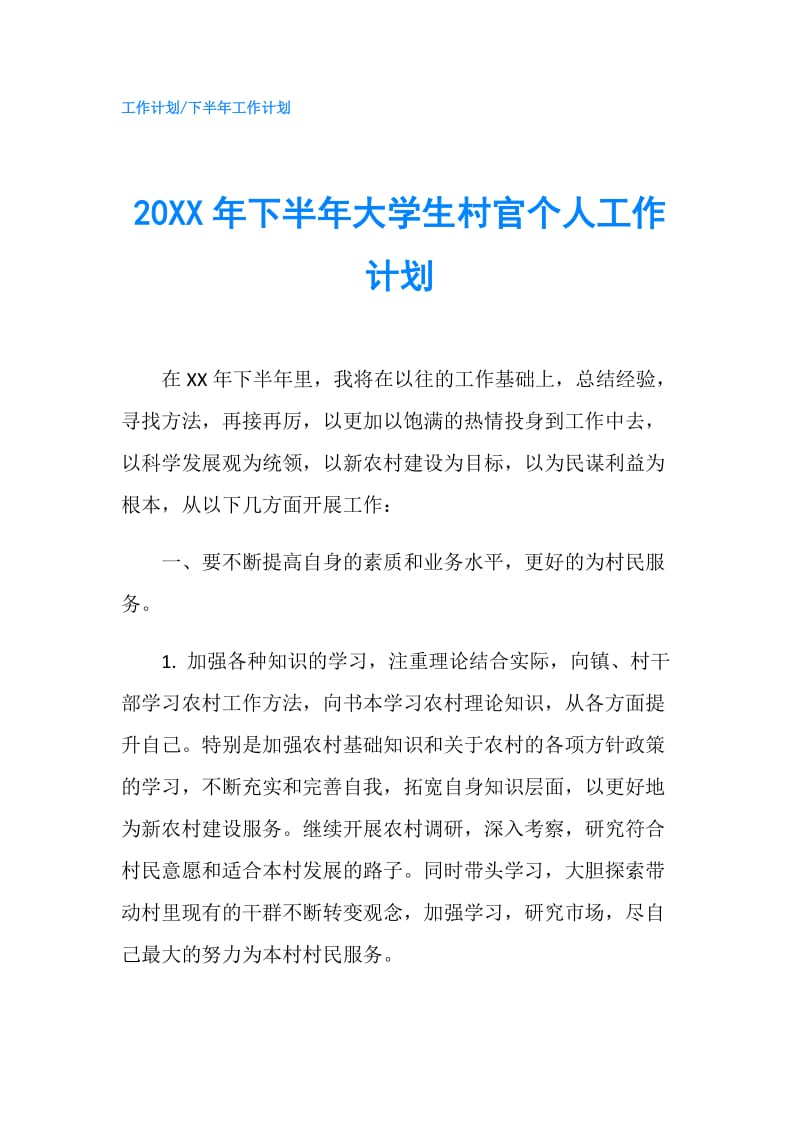 20XX年下半年大学生村官个人工作计划.doc_第1页