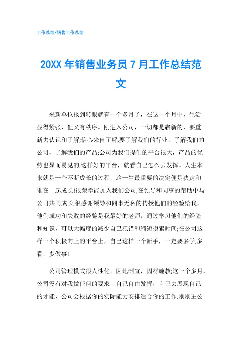 20XX年销售业务员7月工作总结范文.doc_第1页