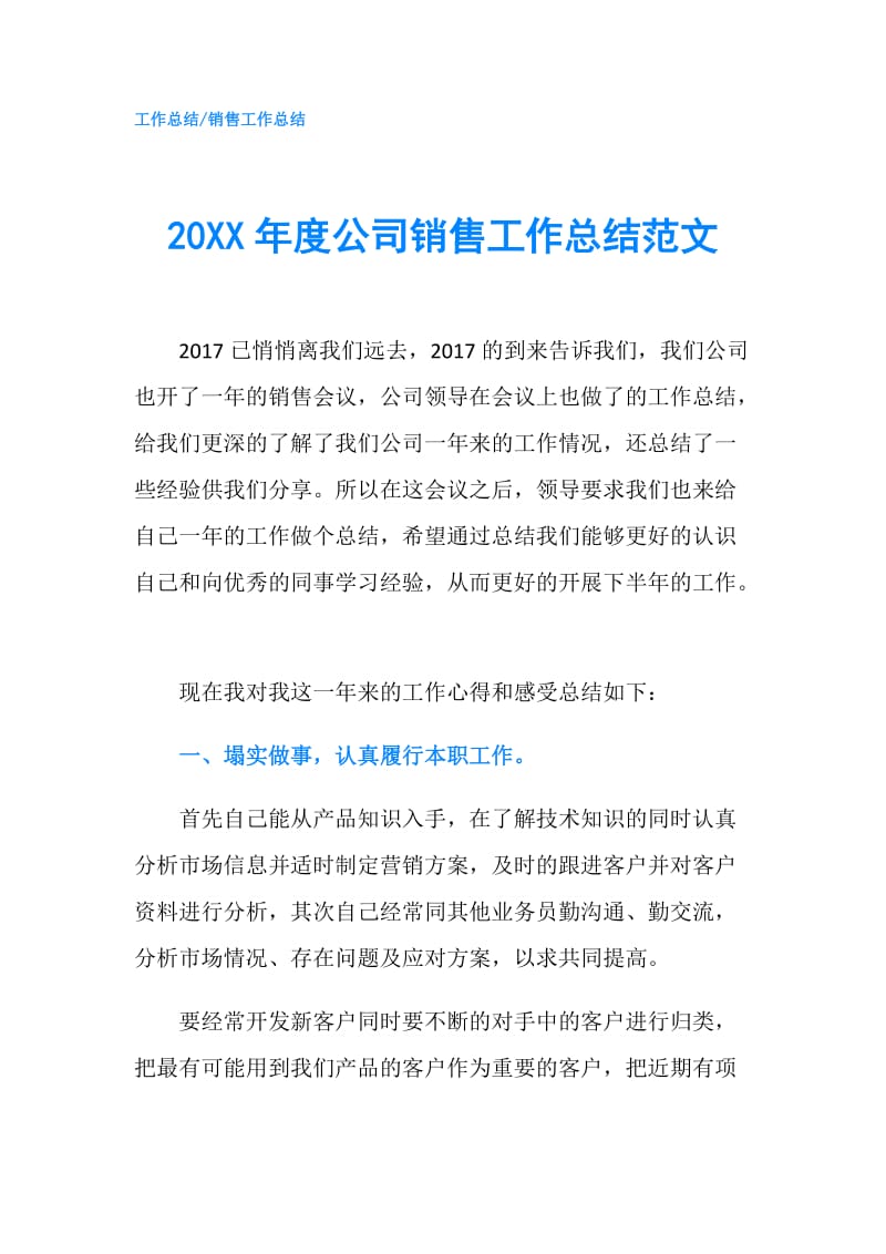 20XX年度公司销售工作总结范文.doc_第1页