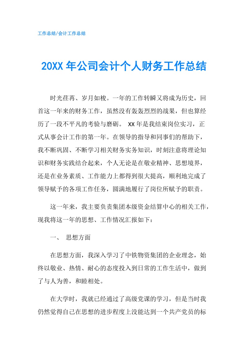 20XX年公司会计个人财务工作总结.doc_第1页