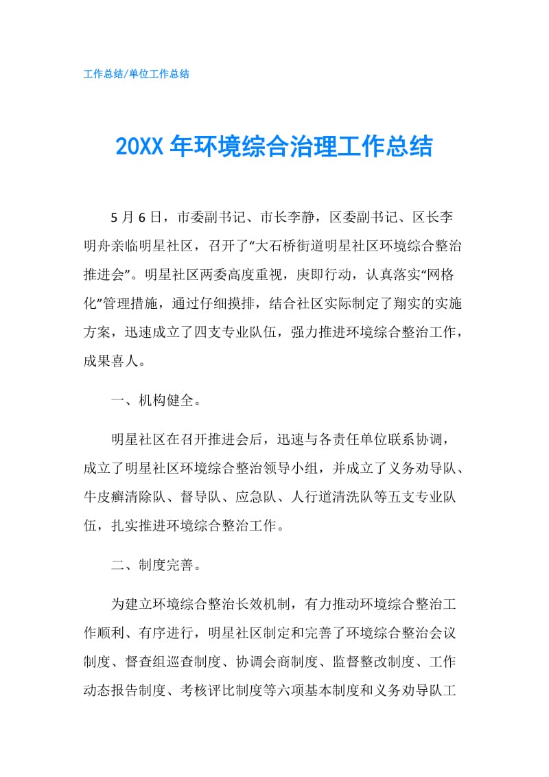 20XX年环境综合治理工作总结.doc_第1页