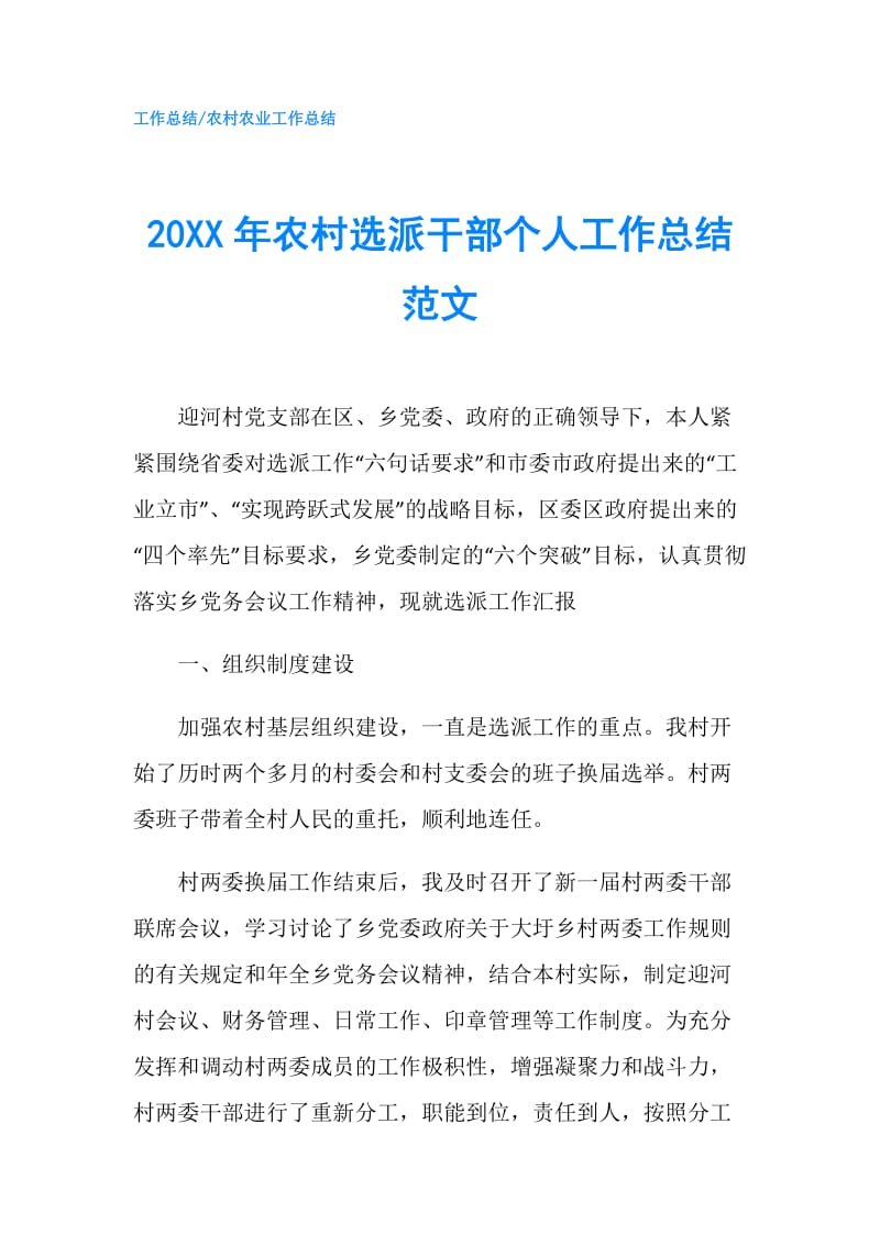 20XX年农村选派干部个人工作总结范文.doc_第1页