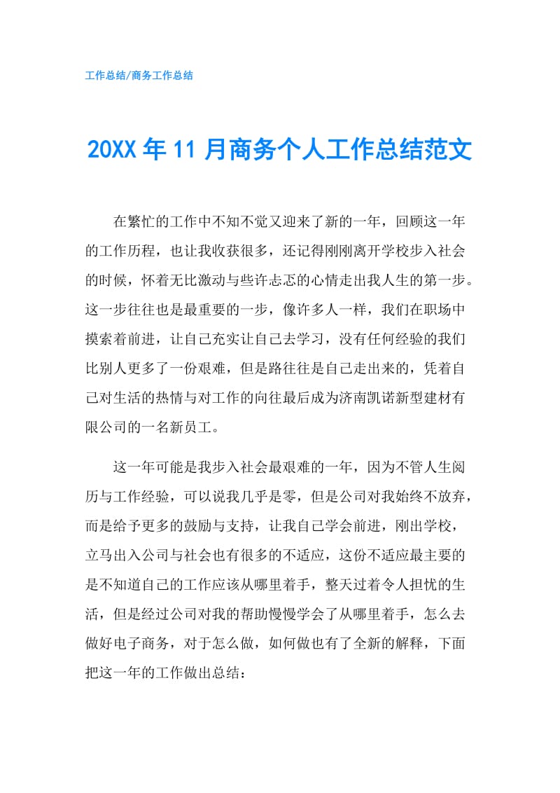 20XX年11月商务个人工作总结范文.doc_第1页