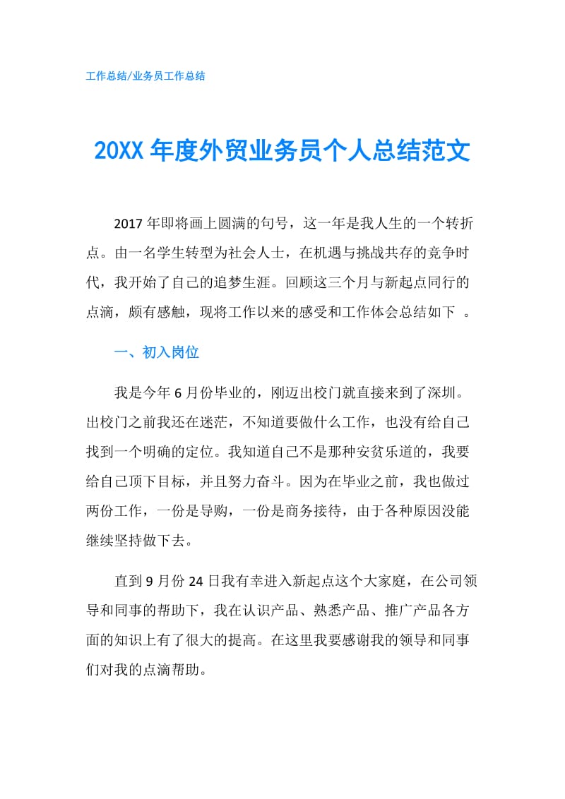 20XX年度外贸业务员个人总结范文.doc_第1页