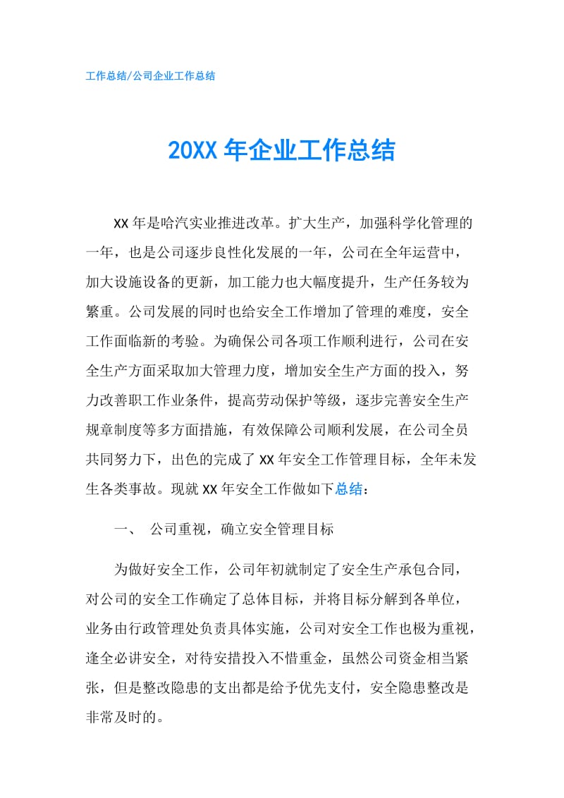 20XX年企业工作总结.doc_第1页