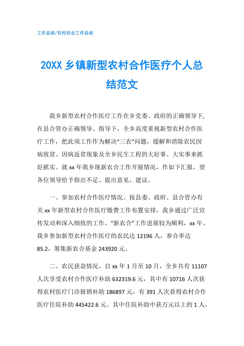 20XX乡镇新型农村合作医疗个人总结范文.doc_第1页