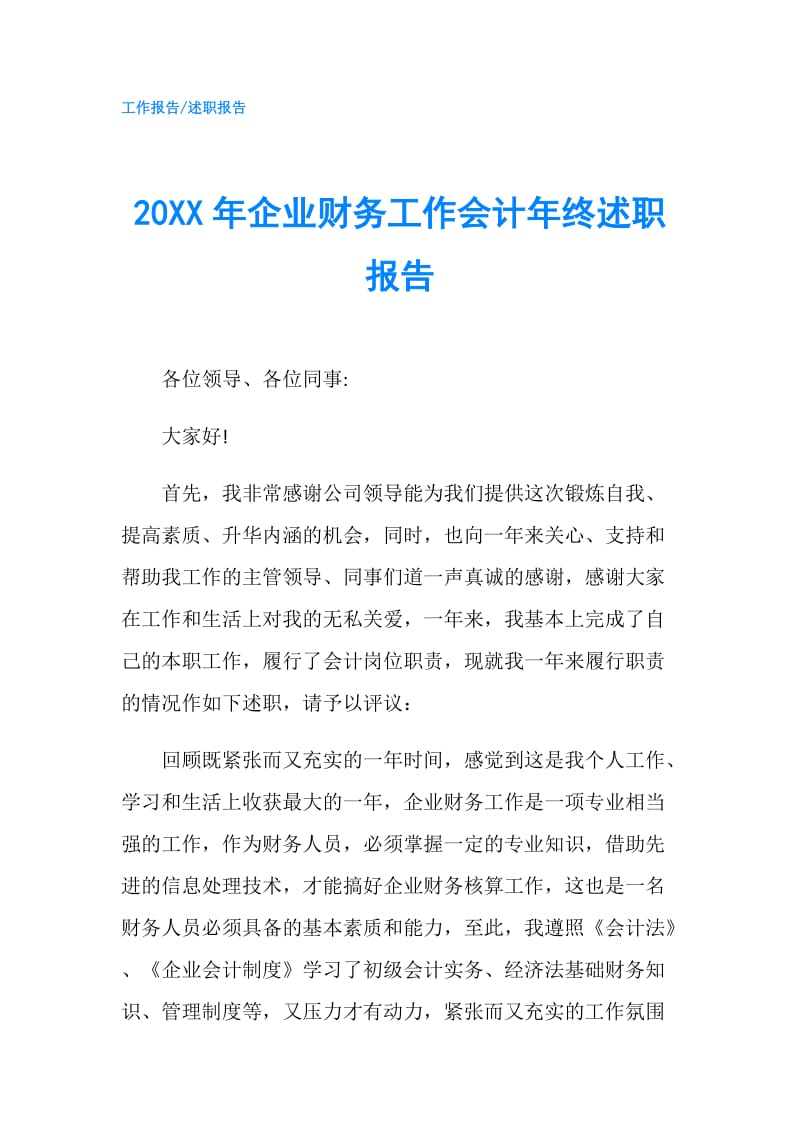 20XX年企业财务工作会计年终述职报告.doc_第1页