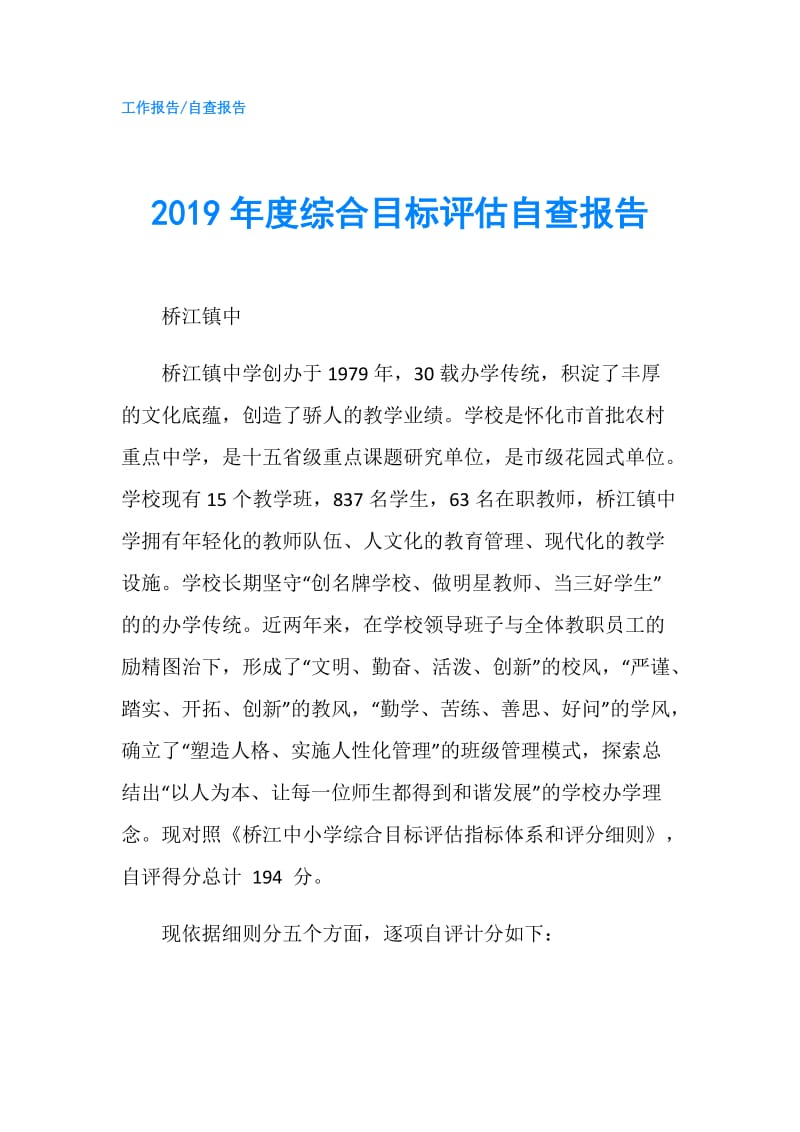 2019年度综合目标评估自查报告.doc_第1页