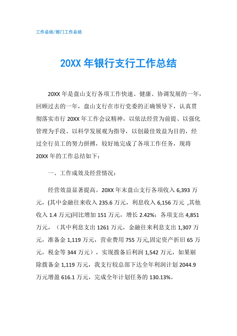 20XX年银行支行工作总结.doc_第1页