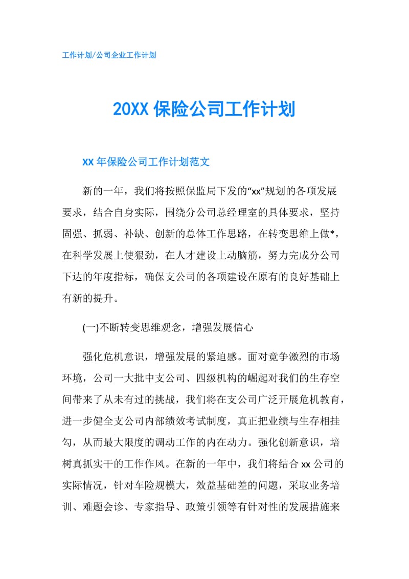 20XX保险公司工作计划.doc_第1页