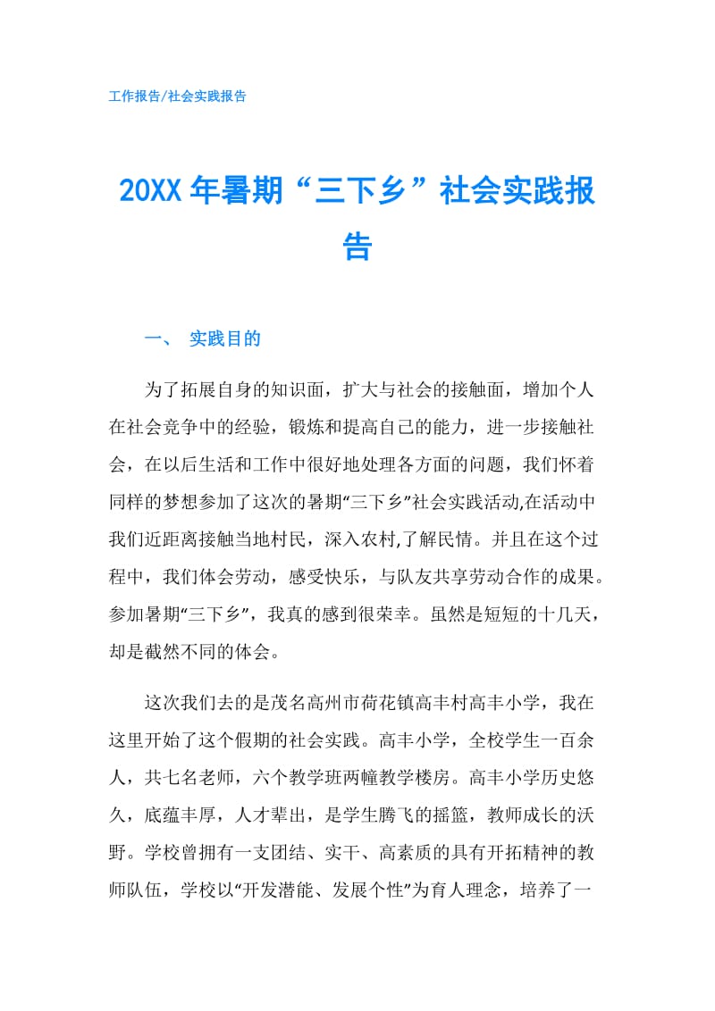 20XX年暑期“三下乡”社会实践报告.doc_第1页