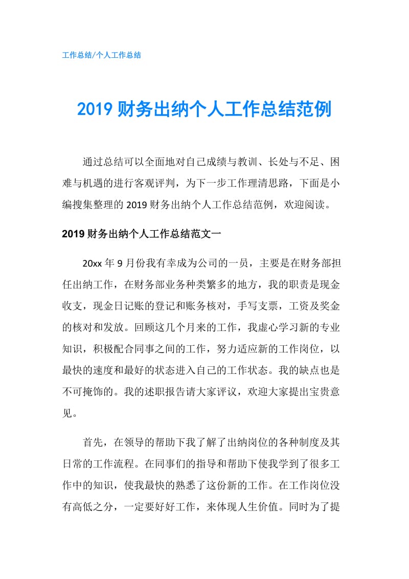 2019财务出纳个人工作总结范例.doc_第1页