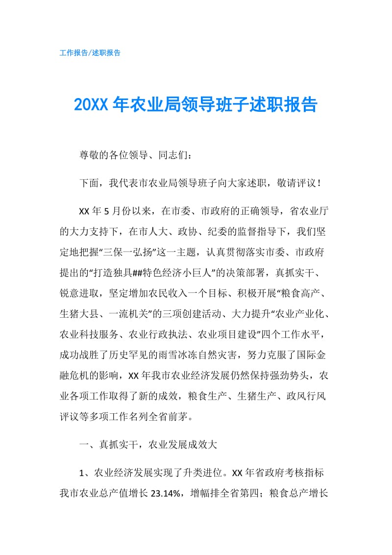 20XX年农业局领导班子述职报告.doc_第1页