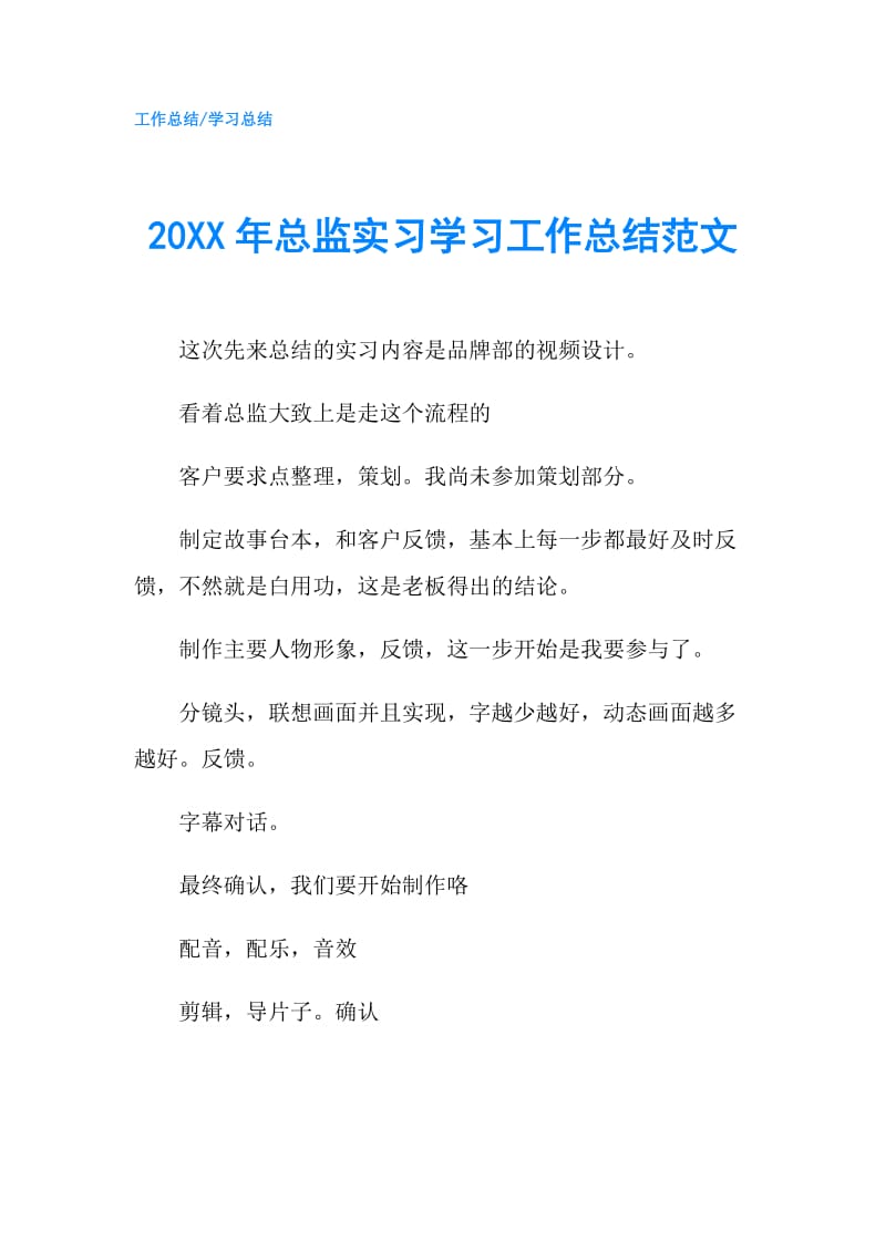 20XX年总监实习学习工作总结范文.doc_第1页