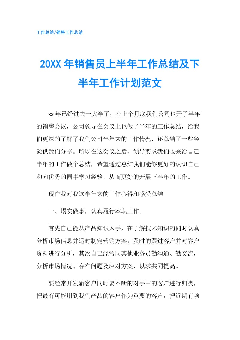 20XX年销售员上半年工作总结及下半年工作计划范文.doc_第1页