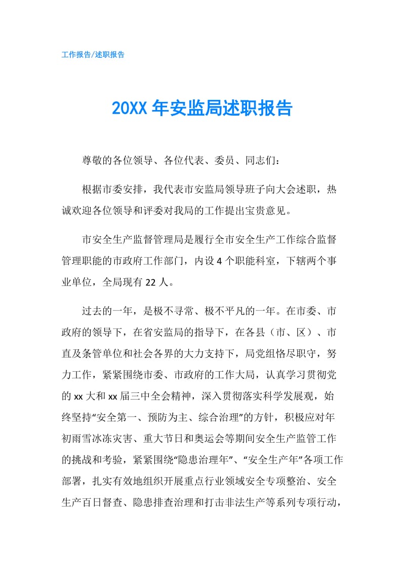 20XX年安监局述职报告.doc_第1页