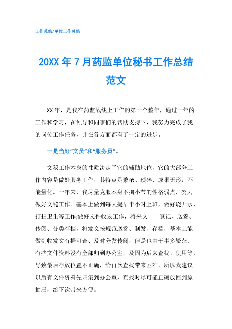 20XX年7月药监单位秘书工作总结范文.doc_第1页