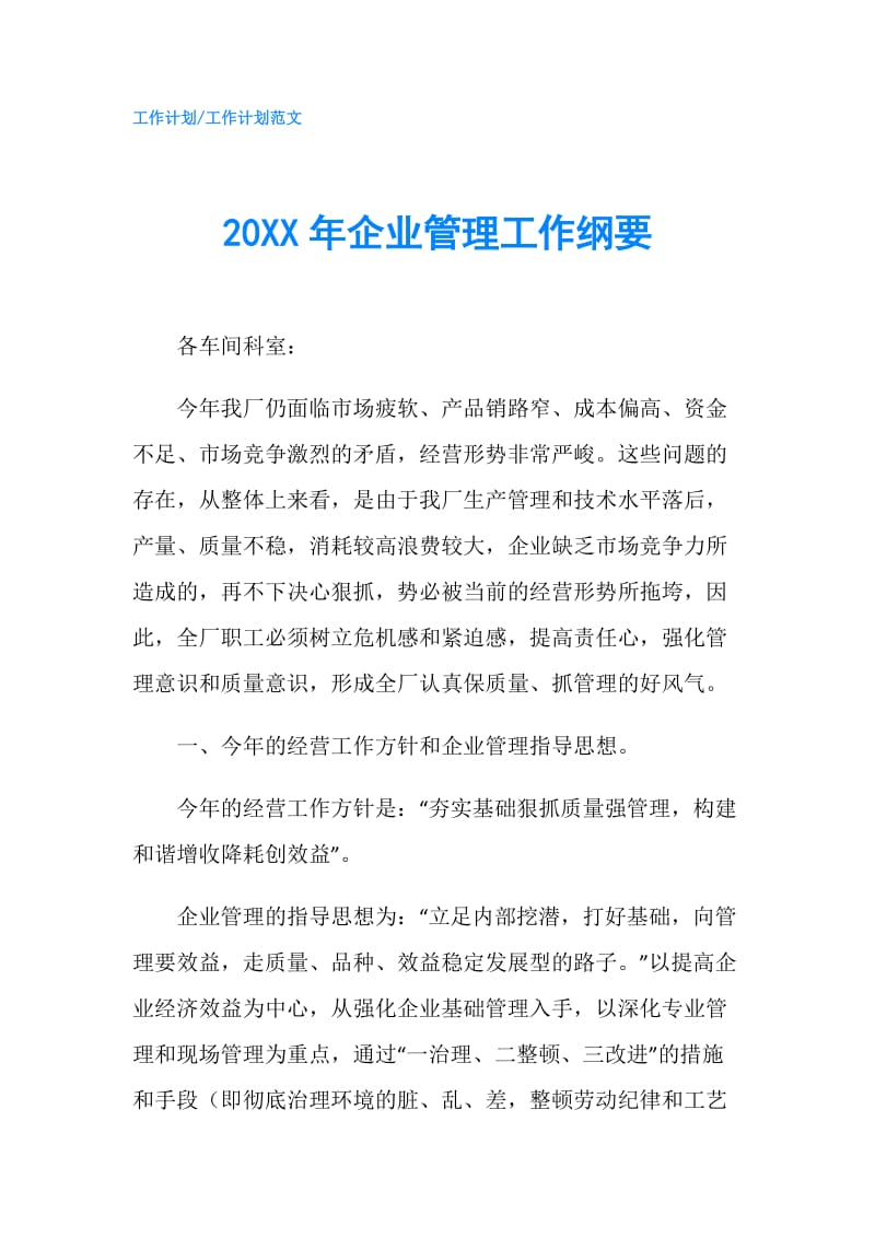 20XX年企业管理工作纲要.doc_第1页