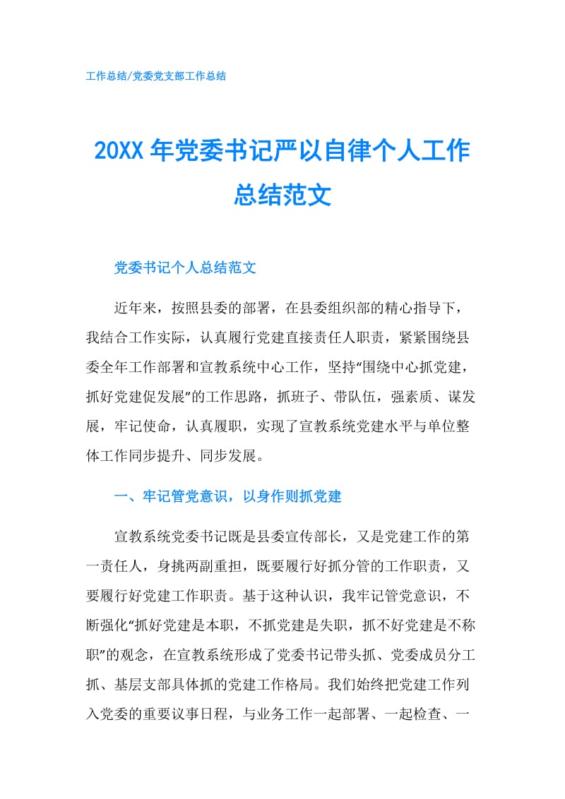 20XX年党委书记严以自律个人工作总结范文.doc_第1页