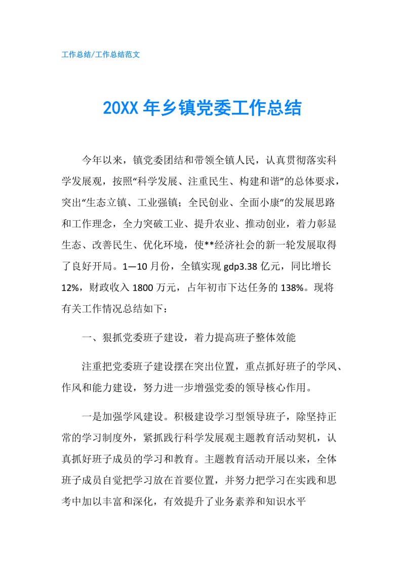 20XX年乡镇党委工作总结.doc_第1页