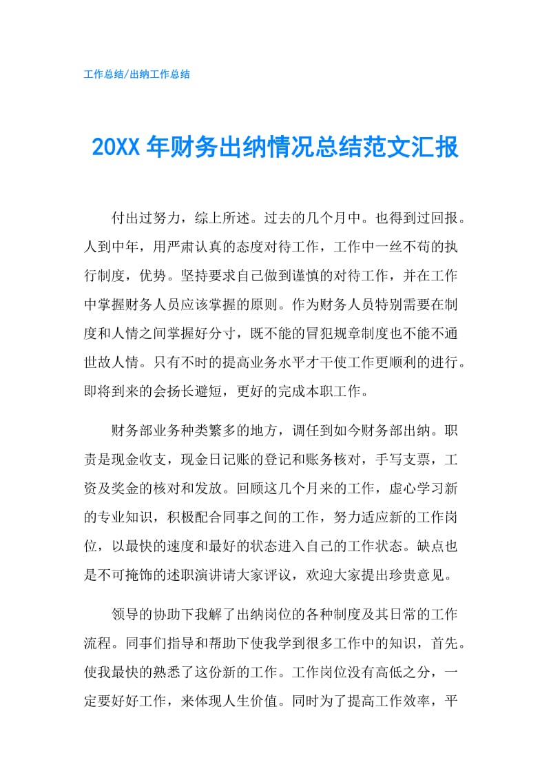 20XX年财务出纳情况总结范文汇报.doc_第1页