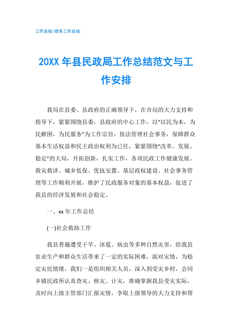 20XX年县民政局工作总结范文与工作安排.doc_第1页