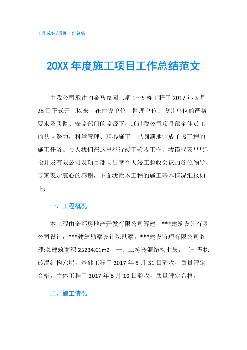 20XX年度施工项目工作总结范文.doc_第1页