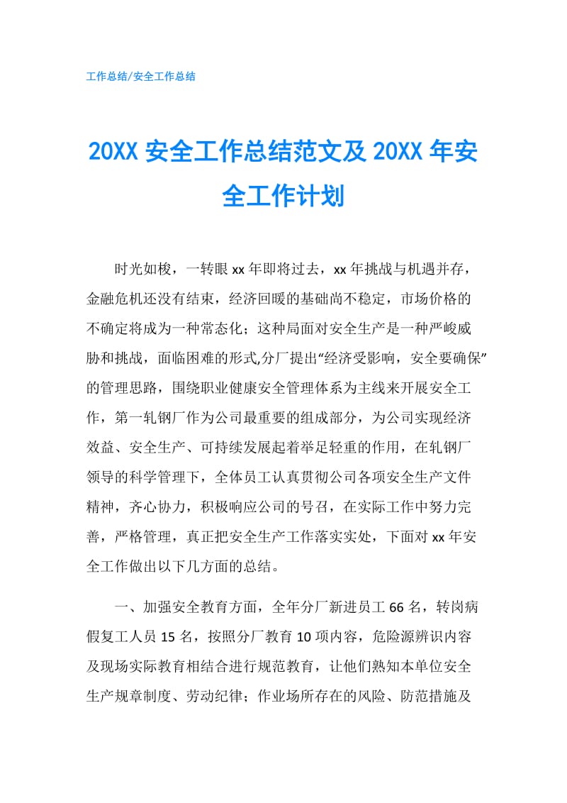 20XX安全工作总结范文及20XX年安全工作计划.doc_第1页