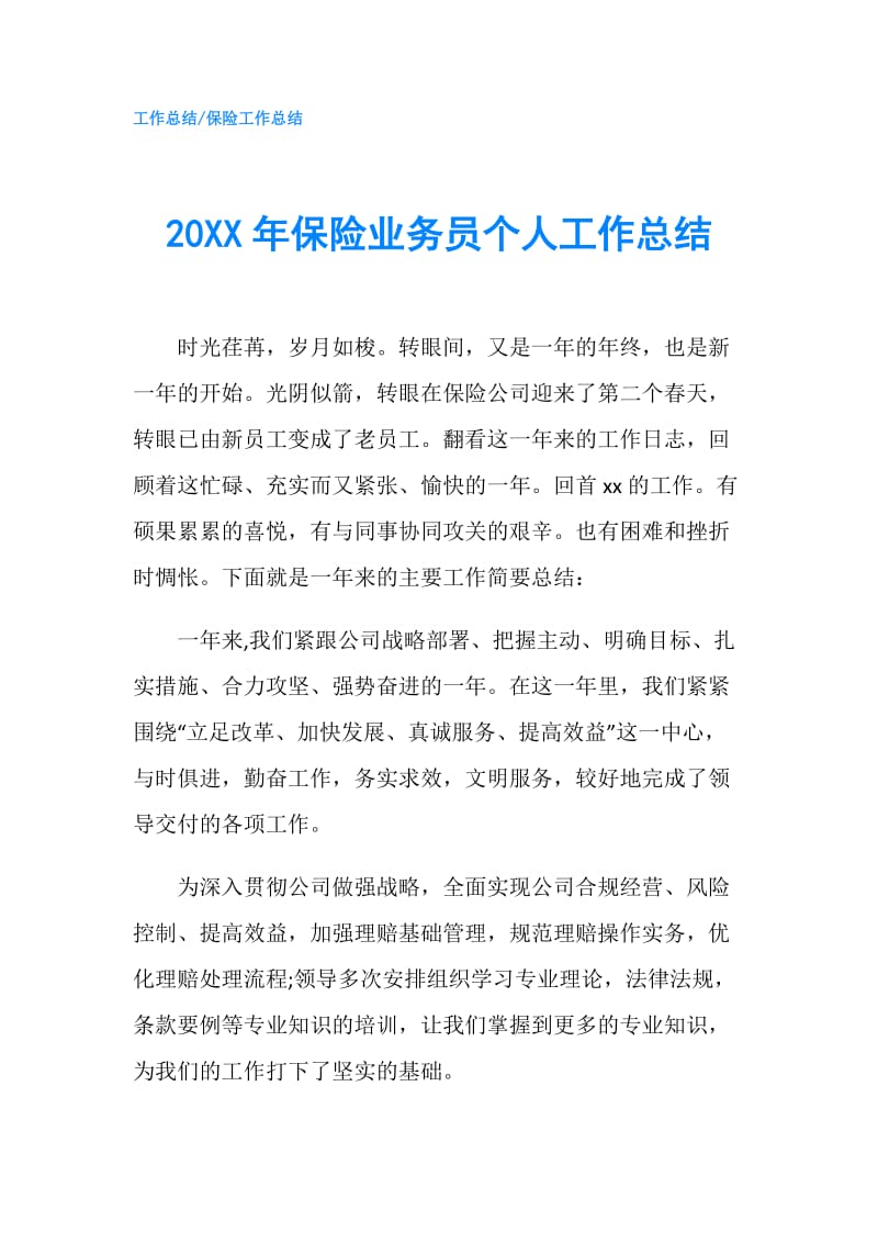 20XX年保险业务员个人工作总结.doc_第1页