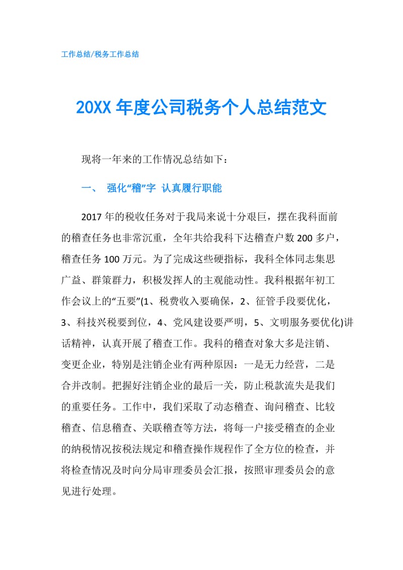 20XX年度公司税务个人总结范文.doc_第1页