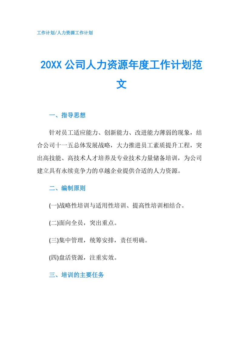 20XX公司人力资源年度工作计划范文.doc_第1页