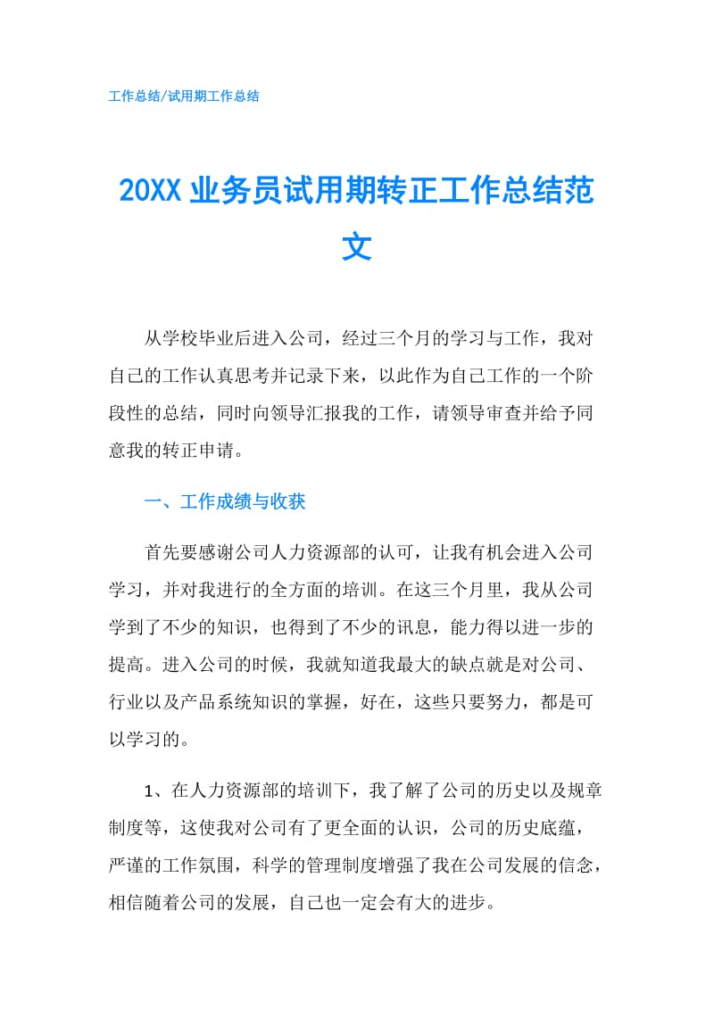 20XX业务员试用期转正工作总结范文.doc_第1页