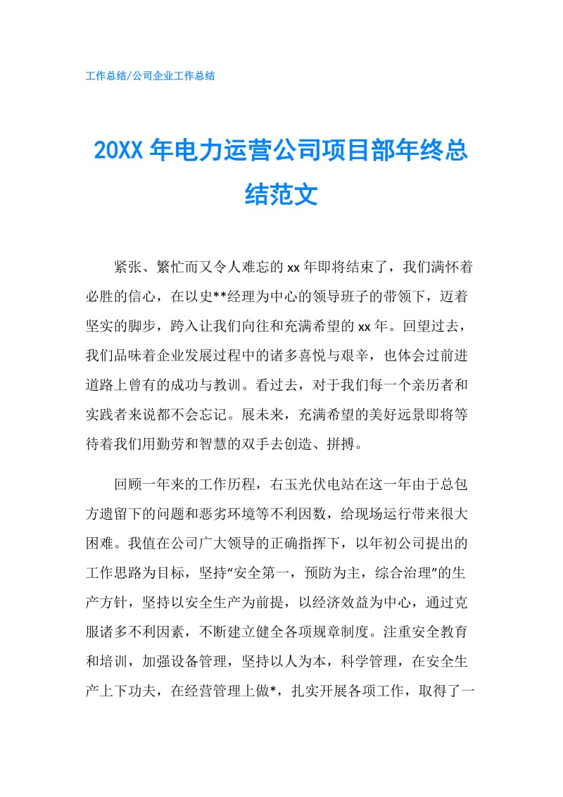 20XX年电力运营公司项目部年终总结范文.doc_第1页