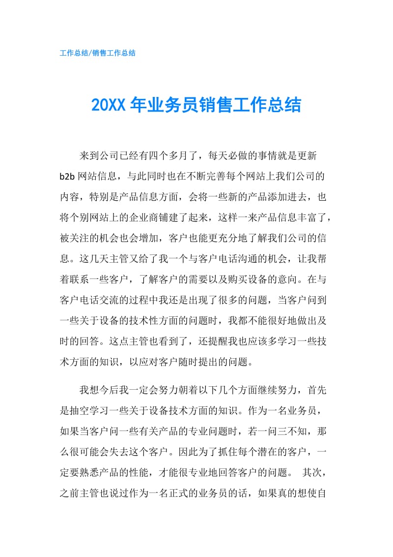 20XX年业务员销售工作总结.doc_第1页