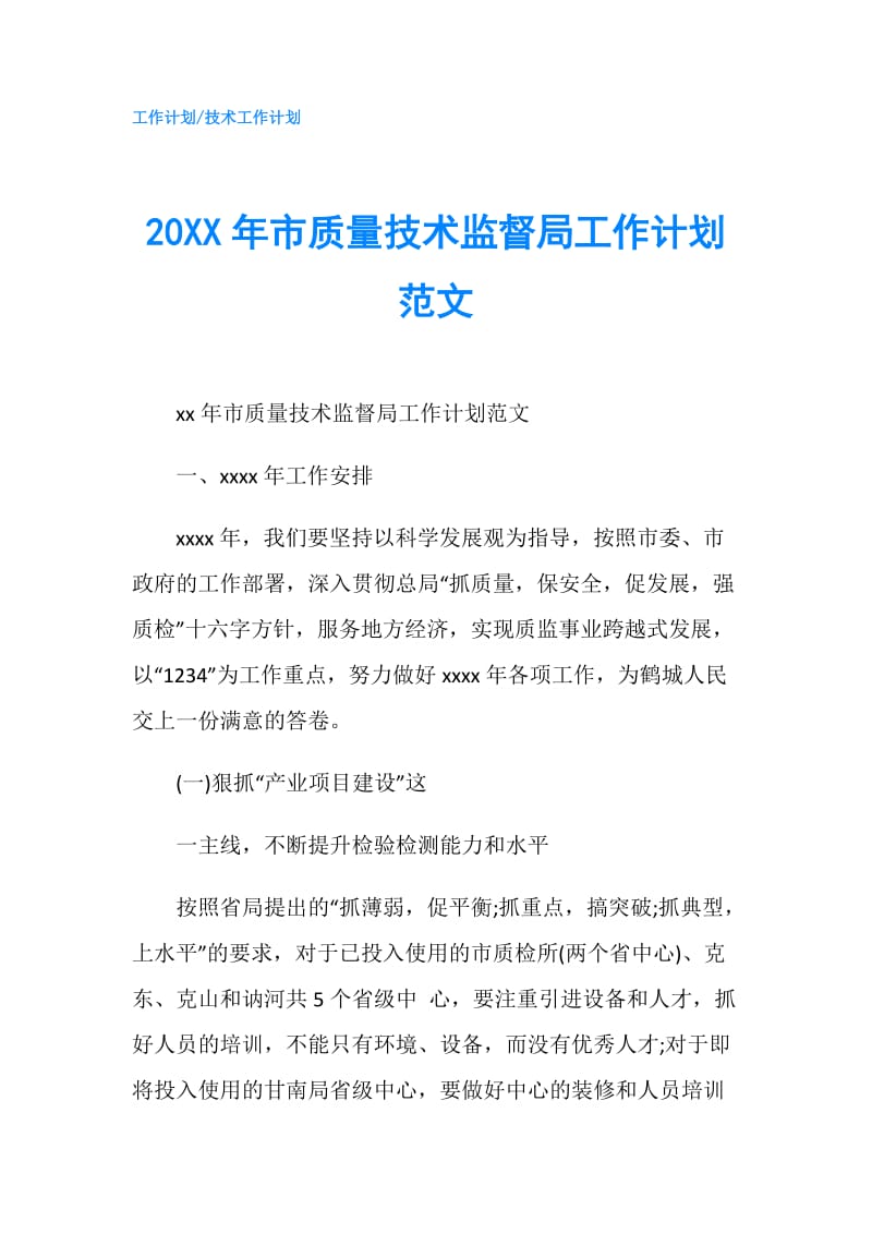 20XX年市质量技术监督局工作计划范文.doc_第1页