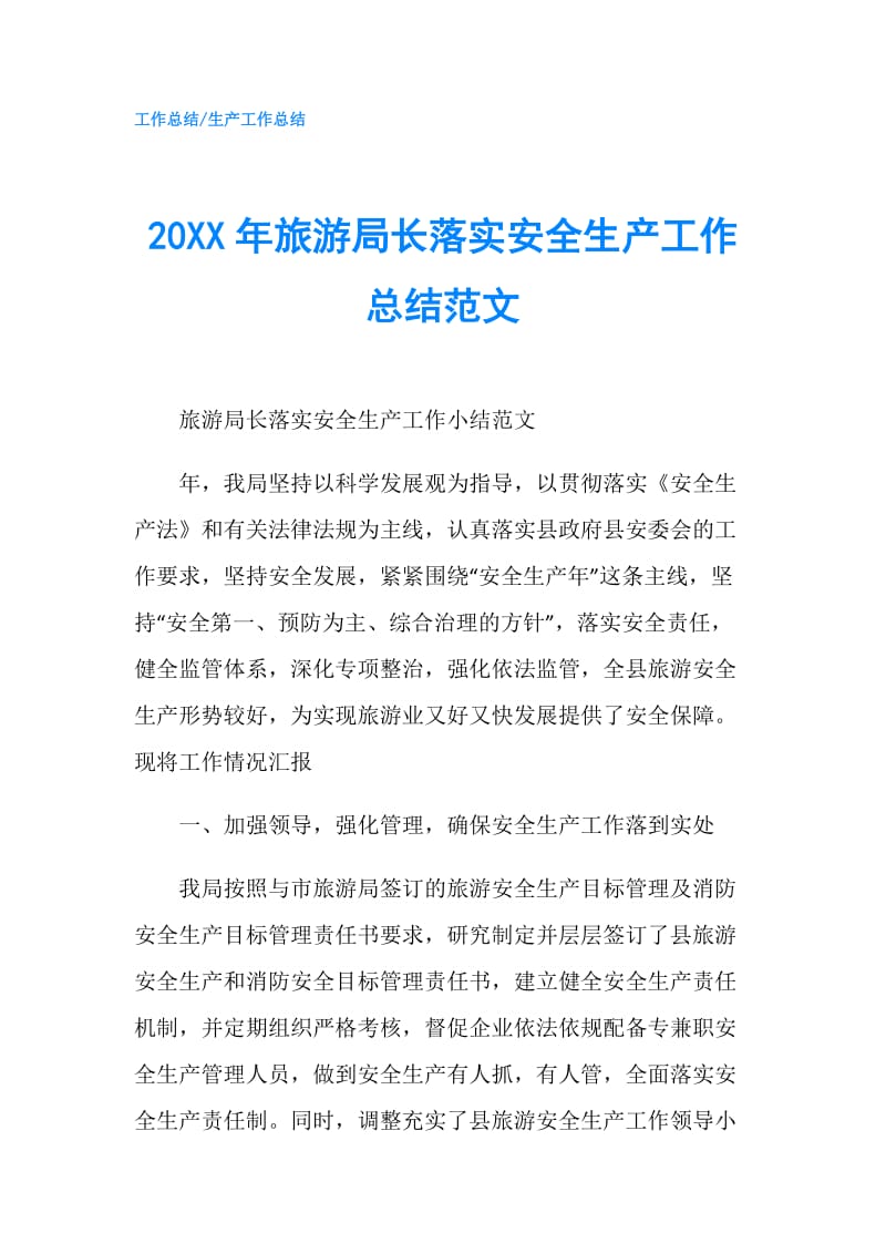 20XX年旅游局长落实安全生产工作总结范文.doc_第1页