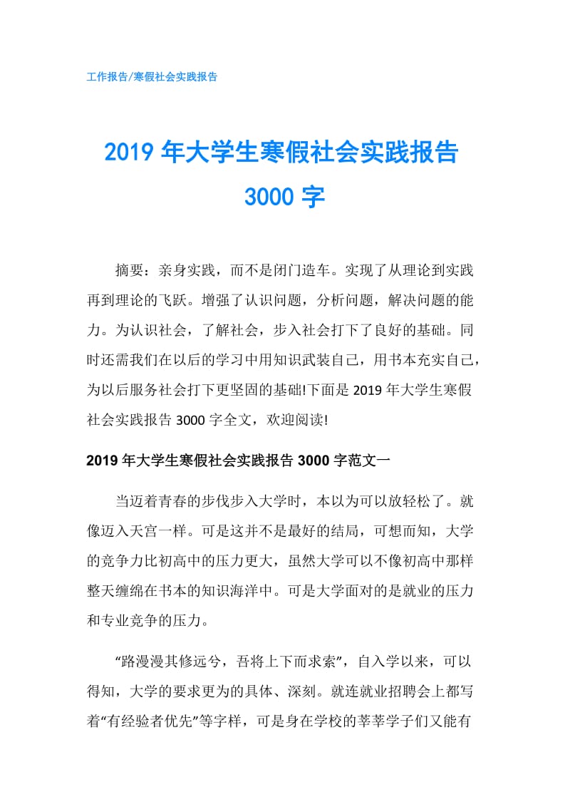 2019年大学生寒假社会实践报告3000字.doc_第1页