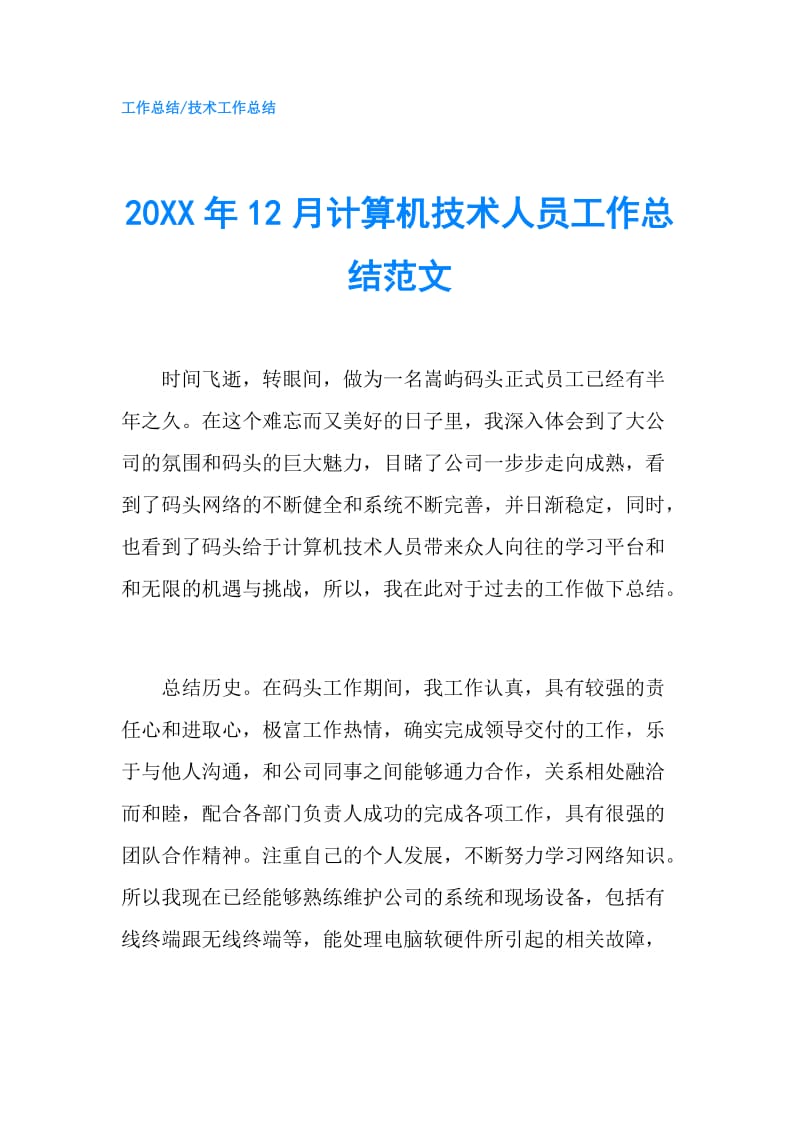 20XX年12月计算机技术人员工作总结范文.doc_第1页