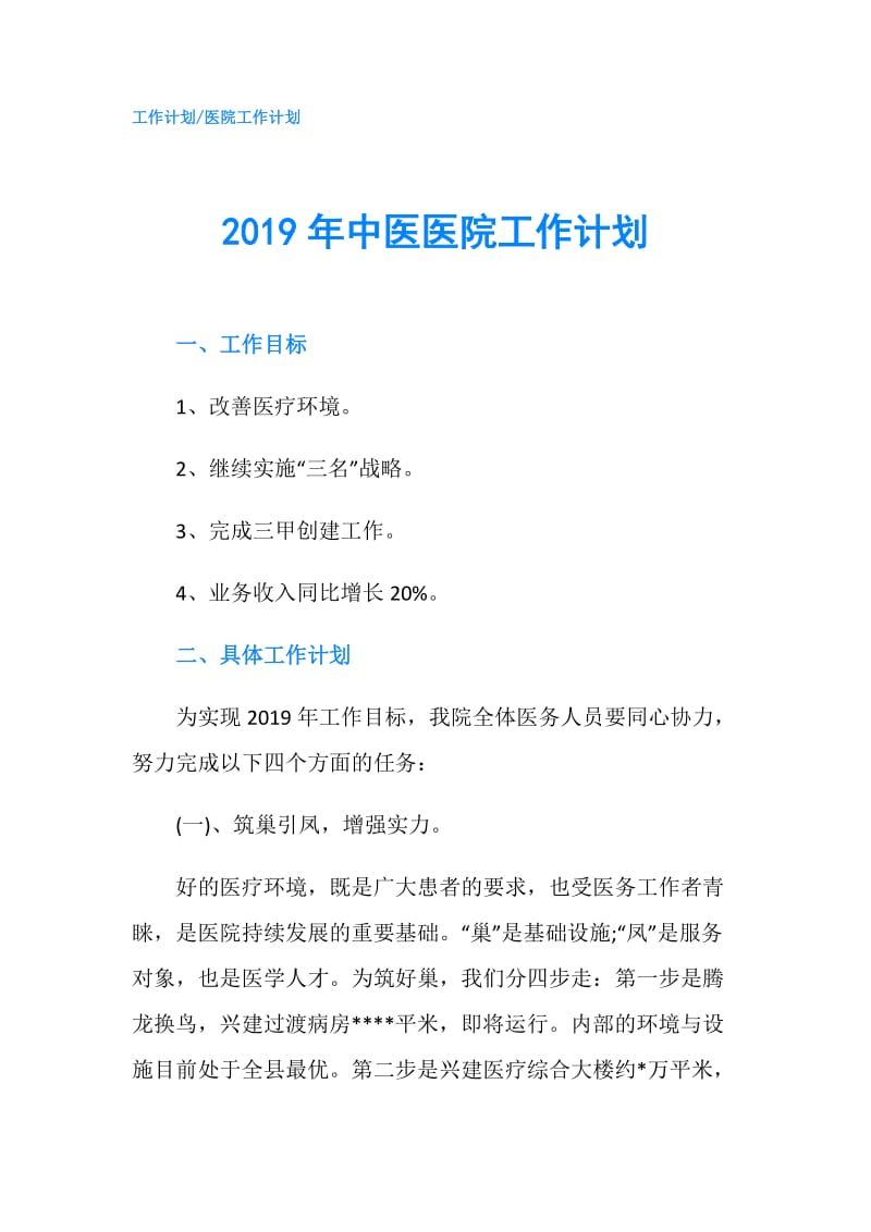 2019年中医医院工作计划.doc_第1页