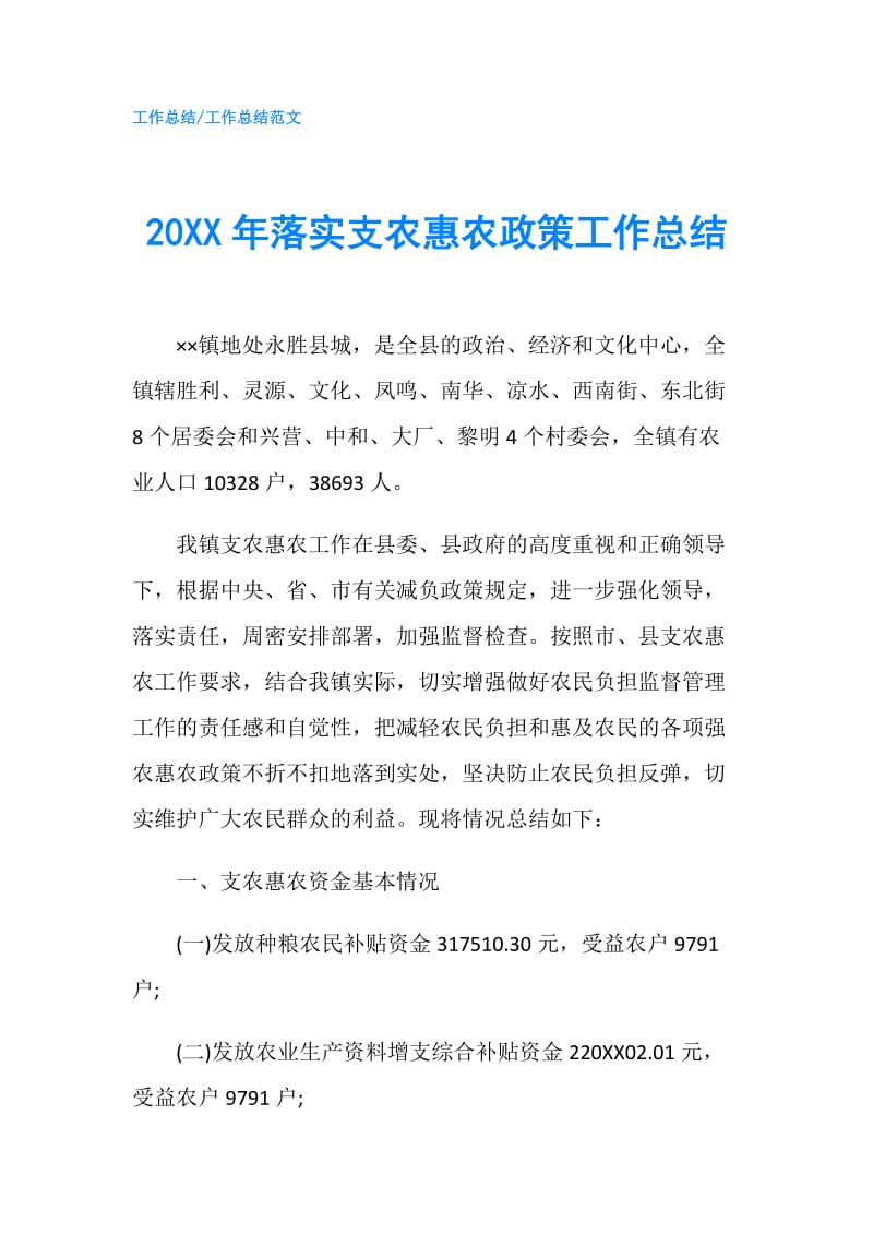 20XX年落实支农惠农政策工作总结.doc_第1页