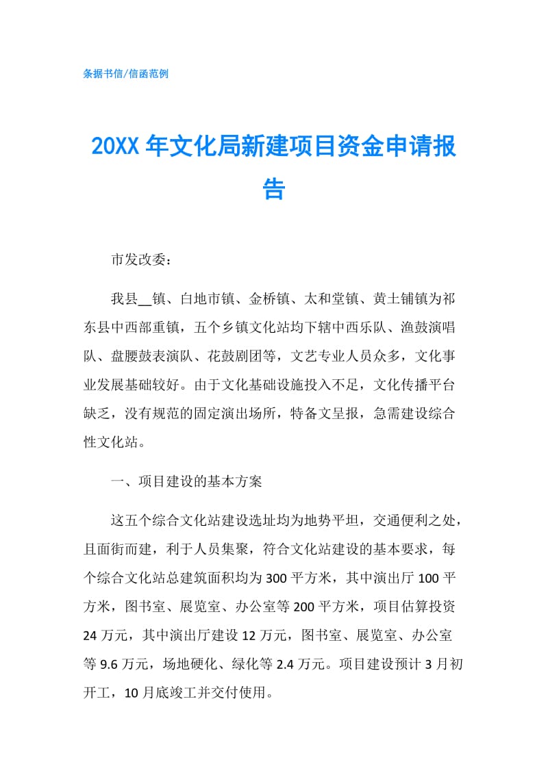 20XX年文化局新建项目资金申请报告.doc_第1页